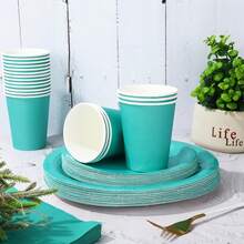 100Pcs Teal Tableware Set Teal Blue Disposable Dinnerware 50Pcs Paper Plate 25Pcs Napkin 25Pcs Cup For Birthday Wedding Baby Shower Family Picnic Party Supplies Table Decor - 水鴨藍 - 查看 2
