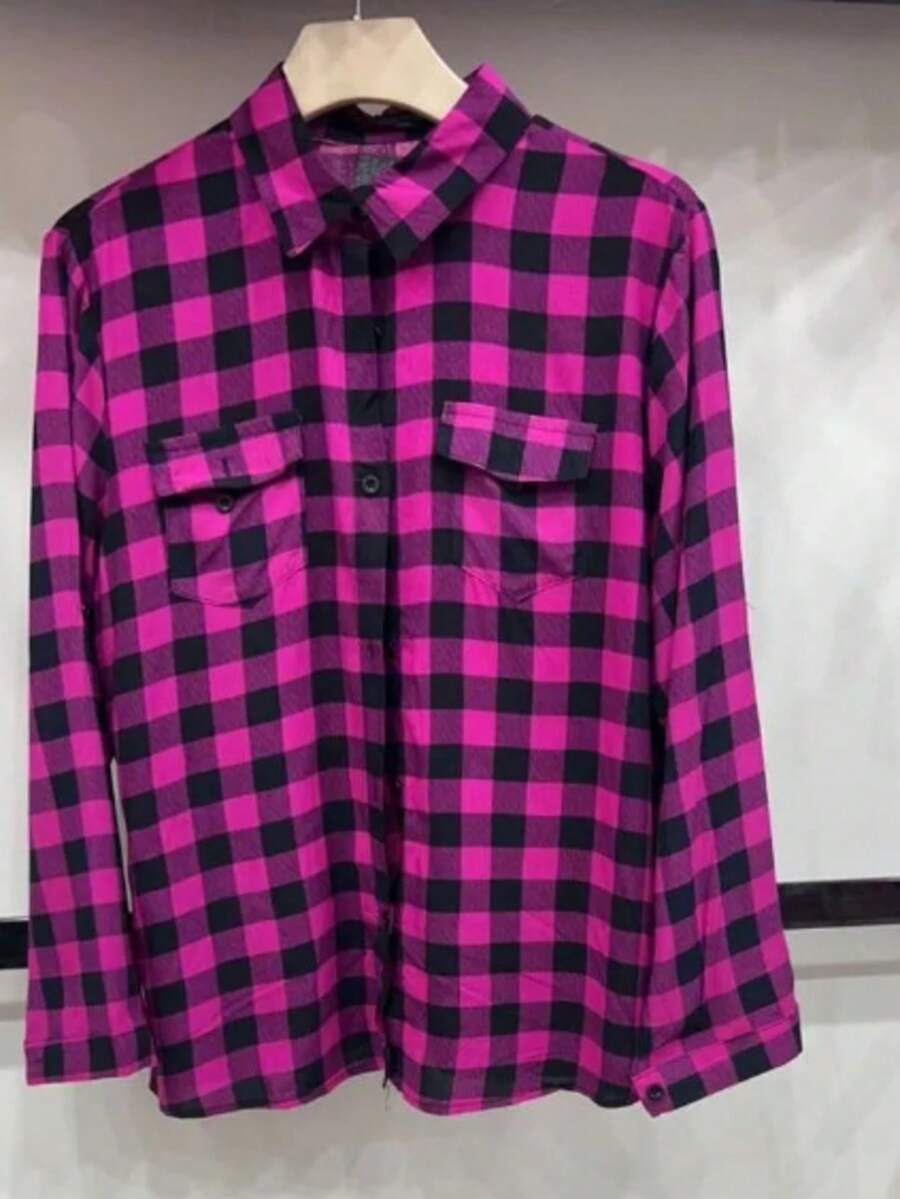 Long Sleeved Plaid Shirt - Purple - View 1