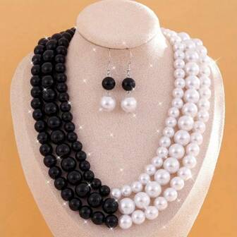 1pc Elegant Black & White Faux Pearl Necklace, Layered Design, Fashion Handmade Beaded Necklace For Women