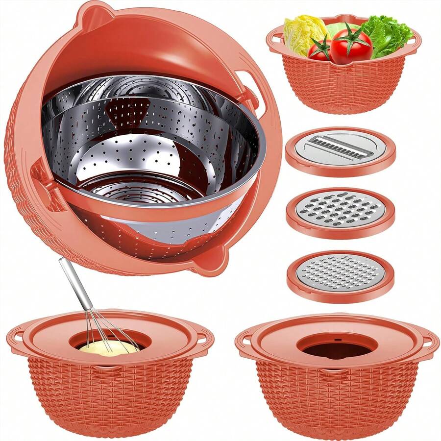 4-1 Colander With Bowl Set - Pasta Strainer - Colander For Kitchen - Strainers And Colanders Rice Strainer Fruit Cleaner Veggie Wash Sink Strainer Kitchen Essentials - Orange - Burnt Orange - View 1