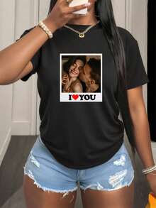 Customize Women's T-Shirts, Upload Your Favorite Text As A Print, With Text Print Designs On Both The Front And Back, Providing Personalized Gifts For Family, Friends, And Couples - Black - View 2