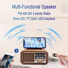 J-150 Portable Radio AM FM SW Bluetooth, Retro Radios Vintage Transistor With Best Sound, Solar/D Battery Operated/USB Rechargeable, TWS, Support TF Card/USB Playing - 棕色 - 查看 2