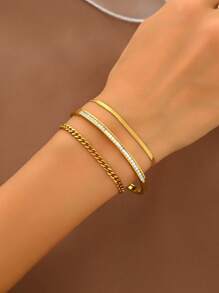 3pcs Minimalist, Versatile, Light Luxury, Stackable Zirconia Paper Clip Bracelets, 18K Gold-Plated Mirror Polished, Vacuum Plating, Waterproof And Not Easy To Fade Stainless Steel Bracelet Set, Personalized Jewelry Bracelets, Women's Jewelry, Suitable For Women's Gatherings, Daily Wear, European Style, Generous Personalized, Luxury Zirconia Wristbands,