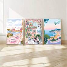 3幅城市旅行主题帆布墙画，粉色风景画，少女海报，Y2K美学装饰，适用于卧室、客厅、大学宿舍，送给她的礼物，不含画框 - 彩色 - 查看 1
