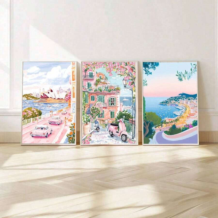 3幅城市旅行主题帆布墙画，粉色风景画，少女海报，Y2K美学装饰，适用于卧室、客厅、大学宿舍，送给她的礼物，不含画框 - 彩色 - 查看 1