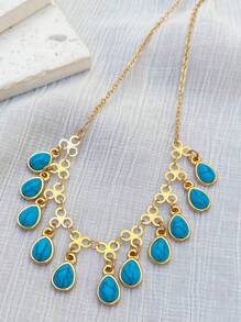 1 colar vintage estilo boêmio com pingentes múltiplos de turquesa azul, adequado para feriados, festas e presente de dia das mães