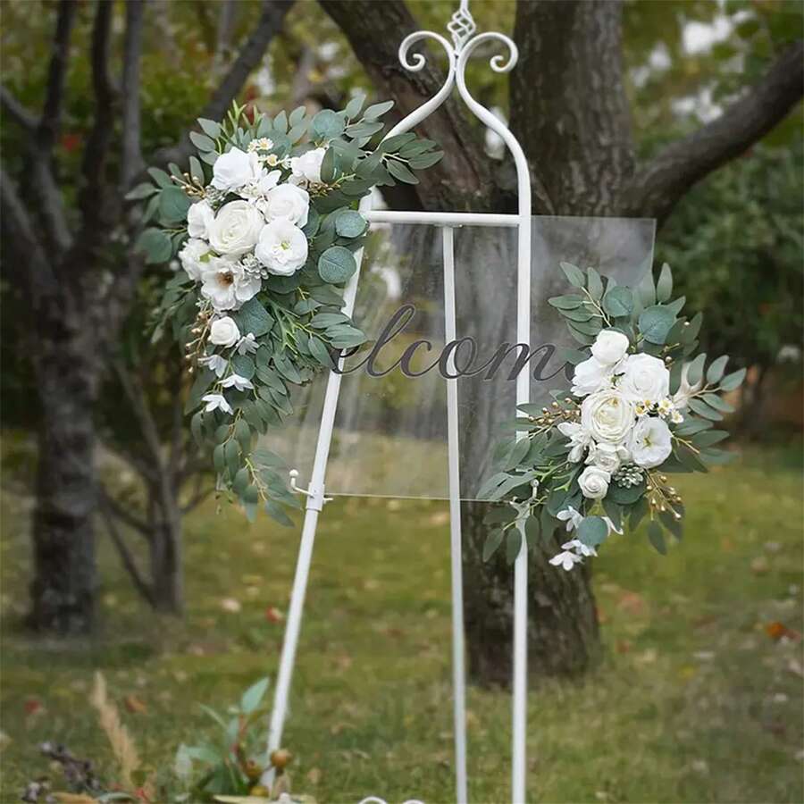 2Pcs Wedding Decor Welcome Sign Flower Backdrop Garland For Ceremony Reception Wall Easel Home Decoration Entryway Decor - White - View 1