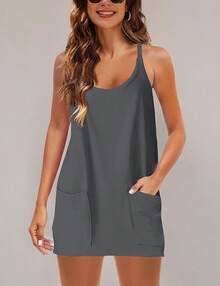 Women's Summer Sleeveless Mini Dress With Built-In Shorts - Dark Grey - View 5