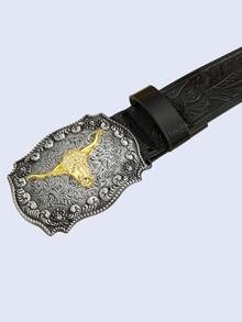 CKiruv 男士西部牛仔腰带 - 酷炫帅气的黑色仿皮，带有浮雕设计和时尚合金扣 - 黑色 - 查看 4