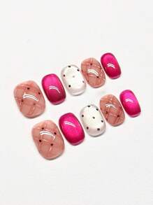 10pcs Hand-Made Luxury Pink Sequined Polka Dot Rhombic Cat Eye Nail Art Stickers, Versatile & Brightening