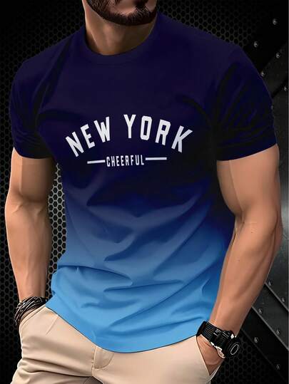 黑红渐变“NEW YORK CHEERFUL”字母印花短袖T恤，时尚百搭，吸睛