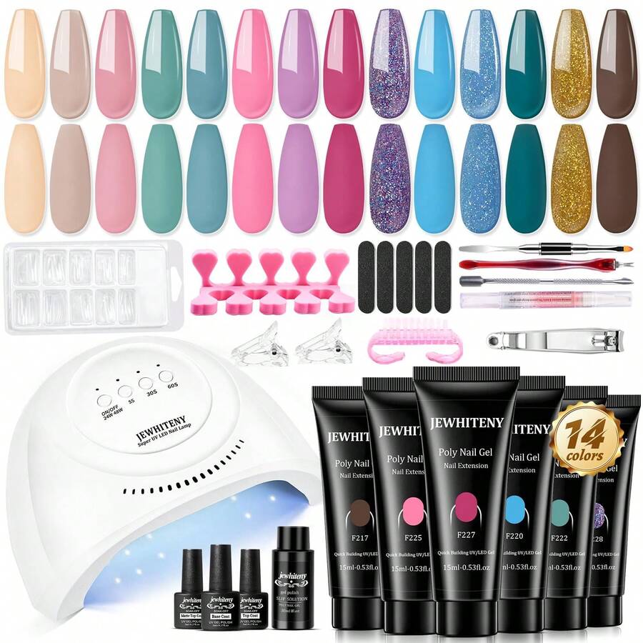 JEWHITENY Poly Gel Nail Kit 14 Colors - Yellow Nude Pink Blue Purple Glitter Tones Starter Kit With UV Lamp Base &Amp; Top Coat All-In-One Gift For Women Need U V Light Curing - F201-F228+SUN1G套件 - 查看 1