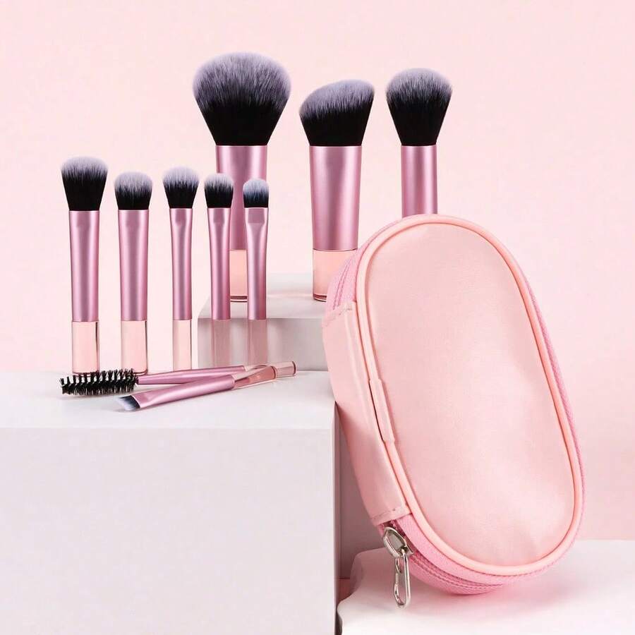 New 10 Mini Makeup Brush Set With Brush Bag, Complete With Eye Shadow Loose Powder - 粉色 - 查看 1