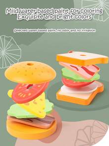 Children's Simulated Wooden Pretend Burger, Sandwich Set Column Matching, Educational Food Assembly Toys, Early Education Interactive Kitchen Pretend Toys Fun Stacking Toys That Simulate Food