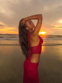 Vestido transparente de mujer con cuello halter en V profunda, costura asimétrica y diseño sexy, ideal para fiestas, citas, clubes, eventos, bodas, Navidad, invitadas de boda, vestido de hada, vestido con hombros descubiertos