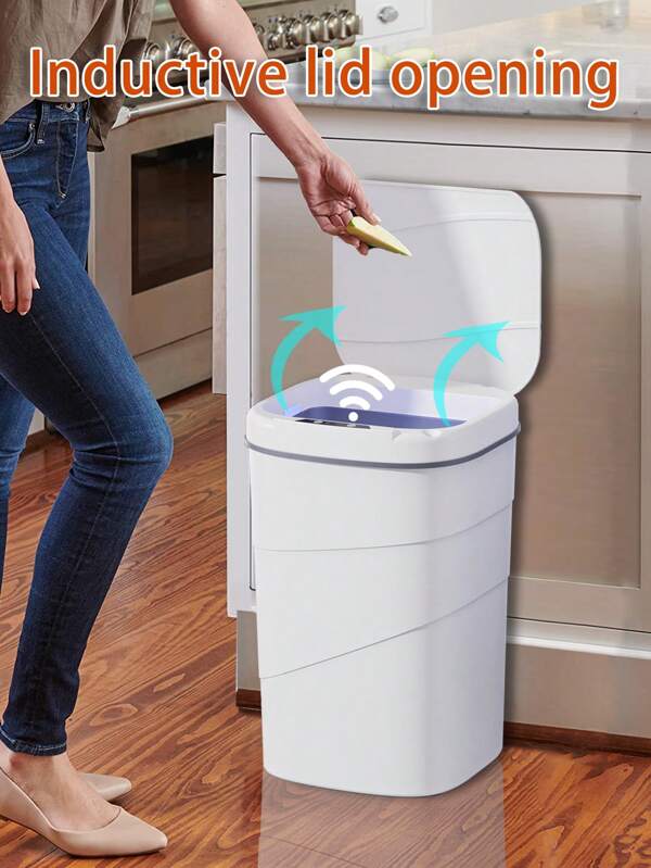 1pc 14L/18L Intelligent Sensor Trash Can, Automatic Lid Open, Waterproof & Odorless Plastic Garbage Bin With Lid Design, Powered By 2 AAA Batteries (Not Included), Suitable For Kitchen, Office, Living Room, Bathroom, Bedroom