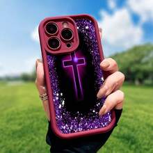 Jesus Cross Themed Phone Case Designed With Elegant Purple Glitter Accents Compatible With IPhone 16 15 14 13 12 And 11 Pro Models And Made Of TPU Protective Material Ideal Choice For Family Friends Young People Birthdays Holidays Boyfriends Girlfriends And Valentine's Day Gifts - 酒紅色 - 查看 1