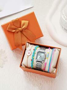 Set de 5 relojes de pulsera de lujo para mujer con brazalete trenzado de cuentas de colores, estilo minimalista y cuadrado, movimiento de cuarzo, sin caja de regalo