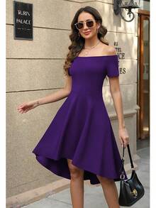2025 Cocktail Party Off Shoulder Short Sleeve High Low Skater Dress Homecoming Dresses For Teen - Màu tím - Xem 3