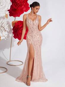 ADYCE Sequin Strap V-Neck Maxi Prom Dress High Waist Backless Criss-Cross Tie Up Back Banquet Party Evening Dress