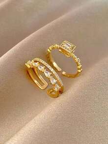 5 件套优雅奢华花卉、树叶、几何铜微镶嵌合成锆石戒指套装，适合度假、派对、婚礼、日常佩戴 - 金黃色 - 查看 5
