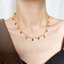 1 Piece Of Fashionable And Simple 304 Stainless Steel Inlaid Artificial Coloured Pendant Necklace For Women, Light Luxury Temperament, Exquisite And Versatile Necklace Accessory