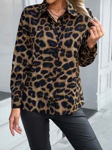 Blusa de manga larga, casual, con patrón de leopardo y cuello con botones, adecuada para primavera y otoño
