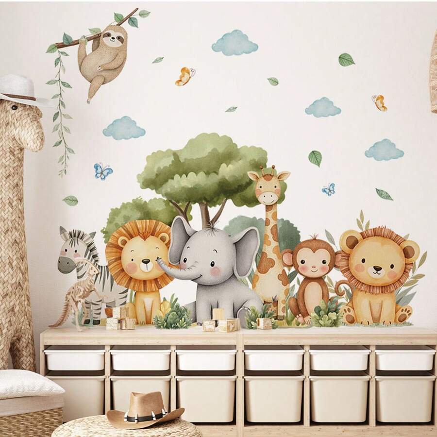Watercolor Cute Forest Animal Wall Stickers - PVC Self-Adhesive Decals - For Toy Room/ Baby Room Decor / Nursery /Classroom Decor & Home Decoration & Cartoon Cute Animal Stickers & Birthday Present