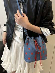 Y2k 美学单肩包 - 刺绣心形抽绳粉色迷你水桶包，女士斜挎包 | 可爱休闲和约会之夜时尚配饰，多用途单肩包 - 斜挎/斜跨/手提刺绣水桶包