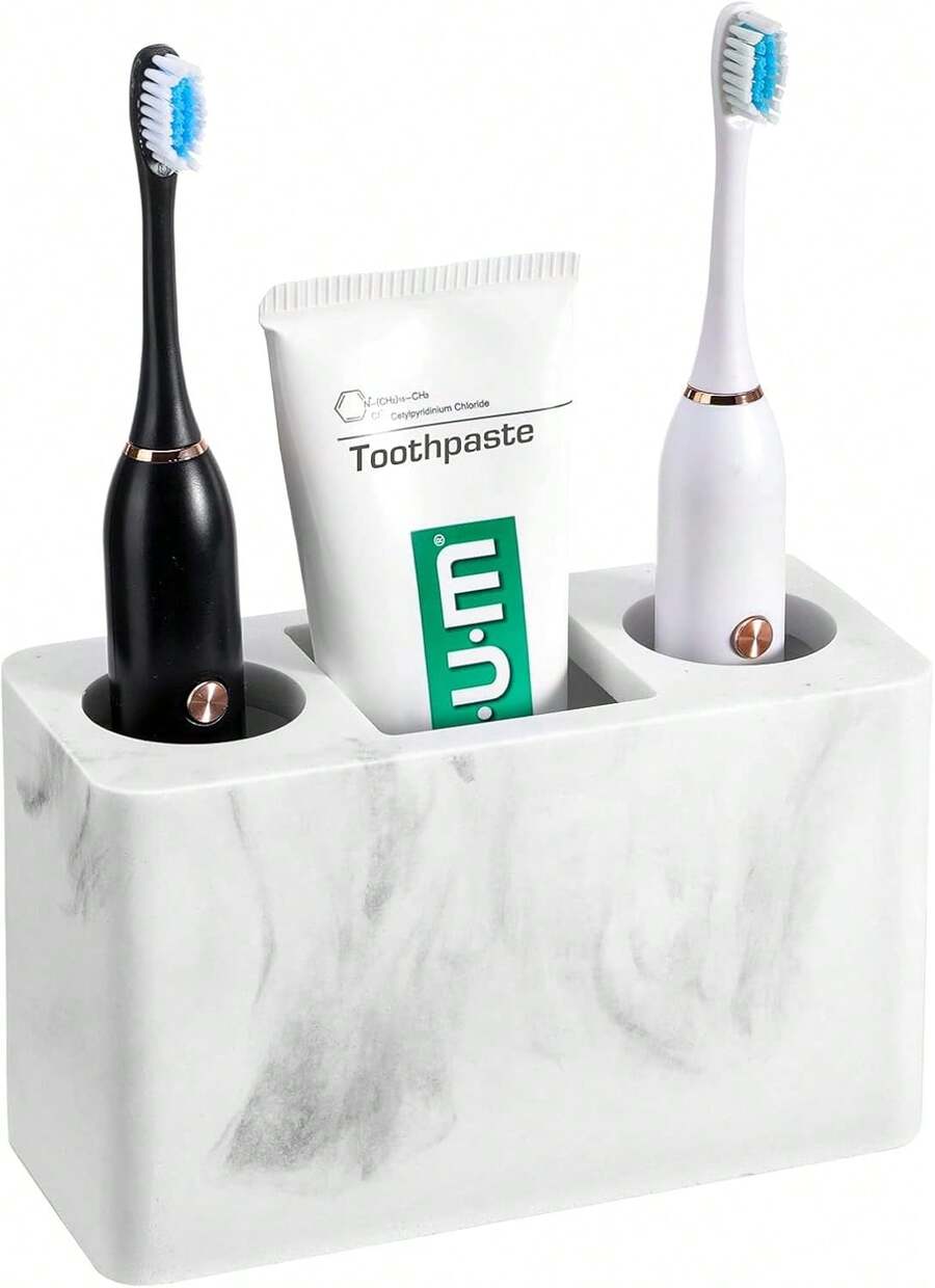 Toothbrush Holder, 3 Slots Electric Toothbrush And Toothpaste Holder, Bathroom Countertop Storage Bathroom Accessories Toothbrush Stand For Vanity Counter Organizer Caddy - Gravel White