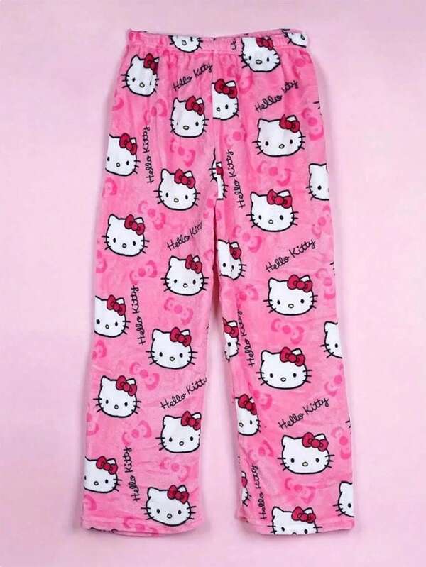 Sanrio 1 pieza Pantalones de pijama suaves con estampado de dibujos animados de Hello Kitty con licencia de Sanrio, de polar grueso de color fucsia, cálidos y casuales, adecuados para primavera y otoño, diseño de personaje de dibujos animados, regalo de moda para amigos, novias, vuelta al cole, Acción de Gracias, Navidad, Halloween