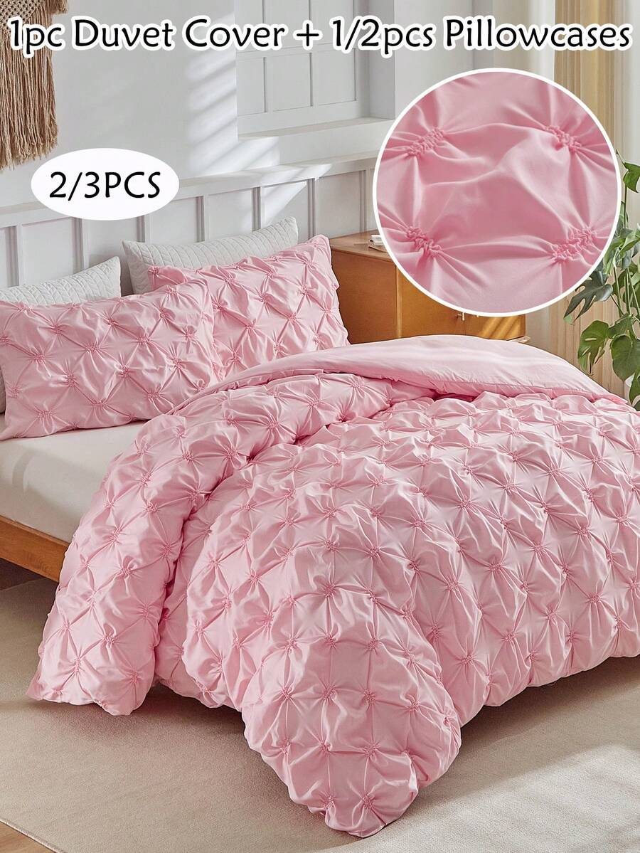 2/3pcs Pink Pleated Polyester Duvet Cover Set, Cute Modern Chic Bedding Set For All Seasons, Soft& Breathable Kids Girls Teens Bedding Set,( 1 Duvet Cover+ 1/2 Pillowcases) - Pink - View 1