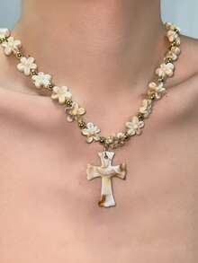 1 件花朵串珠十字架吊坠项链，时尚树脂项链适合女性日常佩戴，适用于派对、音乐节、表演穿着、珠宝礼物