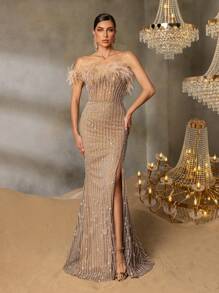 Faeriesty Faeriesty Strapless Beaded Mermaid Evening Gown With Feather-Accented Shoulders & Back Tie-Up Detail - High-Slit Sheer Tulle Dress For Grand Galas, Luxury Weddings, Red Carpet Events, Black-Tie Receptions