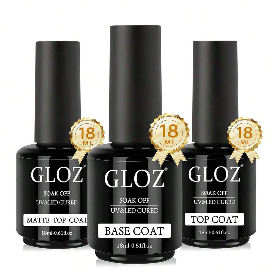 GLOZ 3pcs/Set 18ml Matte No-Wipe Gel Nail Polish Base Coat, Long-Lasting Gel Nail Polish Starter Kit, DIY Design For LED Lamp, Gift For Women - 無色 - 查看 1