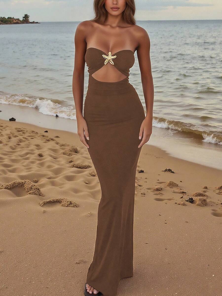 女士性感镂空无肩带海星金属装饰紧身连衣裙，露背Y2K优雅晚宴派对婚礼宾客鸡尾酒礼服，别致镂空设计连衣裙，春夏秋季 - 咖啡 - 查看 1