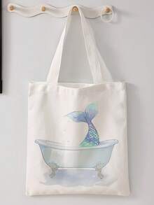 Ocean Element Printed Double-Sided Shoulder Tote Bag, Casual Travel Beach Bag, Large Capacity Reusable Shoulder Shopping Bag, Women Casual Shoulder Tote Bag, Large Capacity Canvas Beach Bag Tote Bag, Printed Women Grocery Shoulder Bag, Summer Outfits - Multicolor - View 9