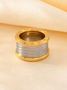 1pc Stainless Steel Exaggerated Round Hoop With Roman Numeral Decoration, Unisex Daily/Formal/Gift Finger Ring Jewelry - Gold - View 3