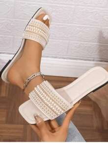 女士新款米色方头平底拖鞋，珍珠和水晶装饰，时尚优雅，百搭，适合夏季外出、约会、聚会、婚礼 - 米色 - 查看 4