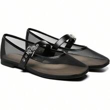Rihero Zapatos Elegantes De Mujer Mary Jane Flats Breathable Mesh Square Toe Adjustable Buckle Strap Ballet Shoes Cushioned Insole All Day Comfort - 黑色 - 查看 2