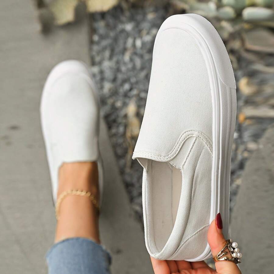 女士休闲运动鞋一脚蹬运动鞋，纯色百搭休闲运动鞋，适合所有季节 - 白色 - 查看 1