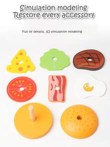 Children's Simulated Wooden Pretend Burger, Sandwich Set Column Matching, Educational Food Assembly Toys, Early Education Interactive Kitchen Pretend Toys Fun Stacking Toys That Simulate Food