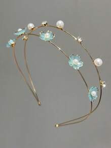1pc Double-Layer Alloy Thin Hair Hoop With Faux Pearl Cap Flower Decor Sweet Hair Accessory For Women Tiaras , Hairband,Hairband,Hair Hoop Headbands