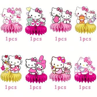 Sanrio 8/9/ Stukjes roze en rode Hello Kitty honingraatbal tafeldecoraties - DIY themaset van roze en rode bloemendecoraties, geschikt voor verjaardagsfeesten/familiebijeenkomsten