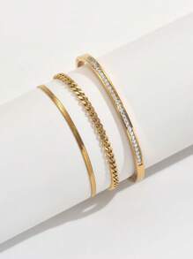 3pcs Minimalist, Versatile, Light Luxury, Stackable Zirconia Paper Clip Bracelets, 18K Gold-Plated Mirror Polished, Vacuum Plating, Waterproof And Not Easy To Fade Stainless Steel Bracelet Set, Personalized Jewelry Bracelets, Women's Jewelry, Suitable For Women's Gatherings, Daily Wear, European Style, Generous Personalized, Luxury Zirconia Wristbands,