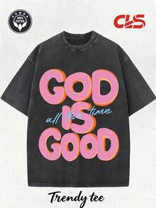 Men's 230G Washed Pure Cotton Casual T-Shirt,"GOD IS GOOD All The Time". Soft Knitted, Loose Fit, Suitable For Outdoors Vacation And Daily Casual Wear - 黑色 - 查看 1