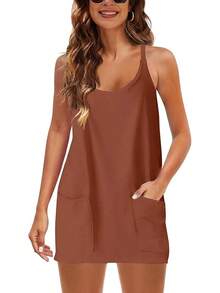 Women's Summer Sleeveless Mini Dress With Built-In Shorts - Rust - View 7