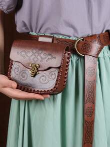 Bộ 2 món: Thắt lưng hiệp sĩ Viking và túi đeo hông giả da họa tiết Celtic cổ điển - Túi đeo hông màu nâu vintage với khóa đồng thau, phong cách thời Trung cổ Phục hưng, trang phục Viking, LARP, đạo cụ cosplay. - màu nâu - Xem 2