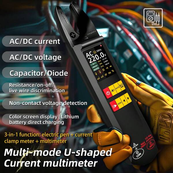 3-in-1 Multifunktions U5 Zangenamperemeter: Stromprüfer + Strommesser + Multimeter, echte Autorange-Funktion, USB-C Schnellladung, 0,01A Genauigkeit (schwarzes ABS, 24H Akku) für Ingenieure & Heimwerker