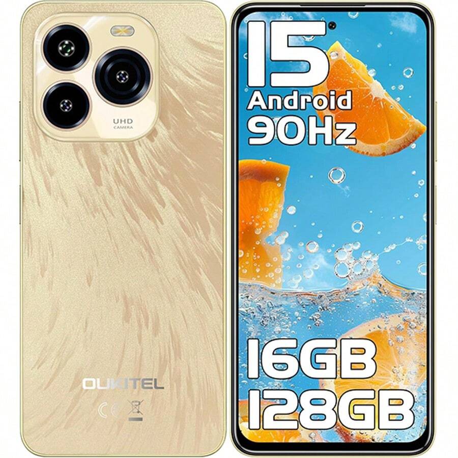 OUKITEL C65 Android 15 手机（无合约）, 16GB+128GB/1TB 智能手机（无合约）, 6.7 英寸 HD+ 90Hz 手机（便宜）, 50MP+8MP, 5150mAh 无 SIM 卡手机, 双 SIM 卡 3 插槽/指纹/3.5mm 插孔 - 金色的 - 查看 1